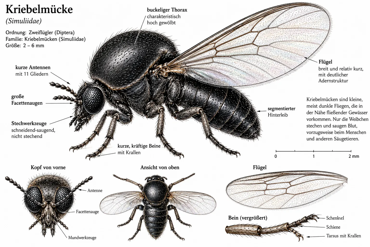 KI-generierte beschriftete Illustration einer Kriebelmücke mit allen Körpermerkmalen