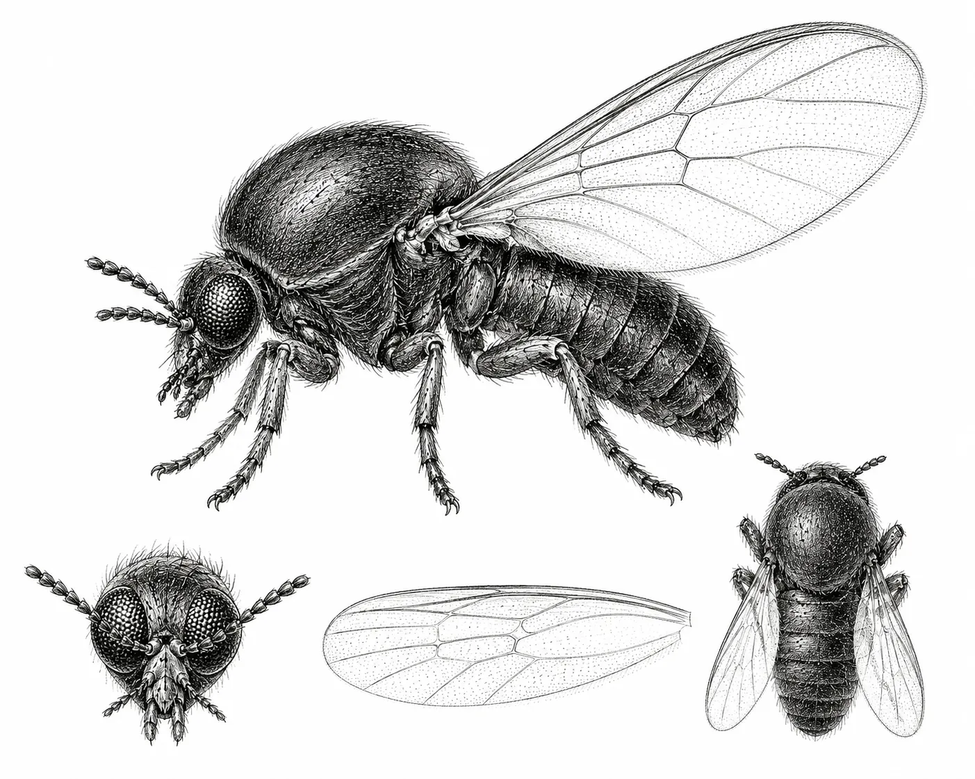 Anatomische Detailansichten einer Kriebelmücke: Seitenansicht, Kopf, Flügel und Aufsicht