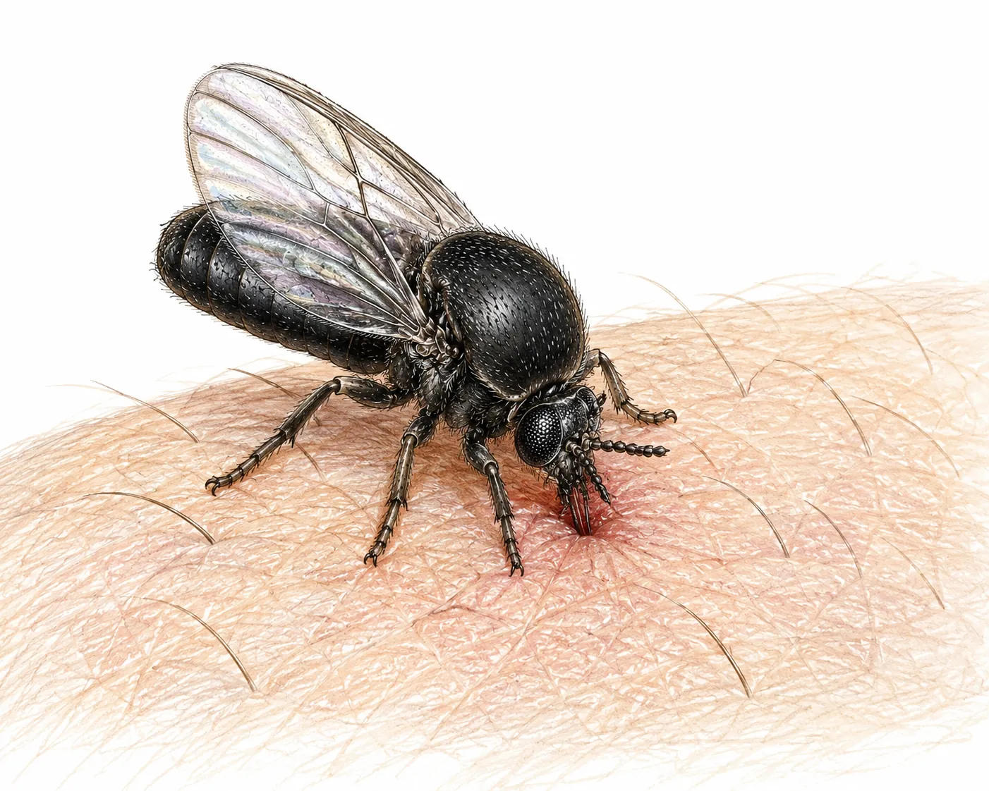 KI-generierte Illustration einer Kriebelmücke beim Biss auf menschlicher Haut